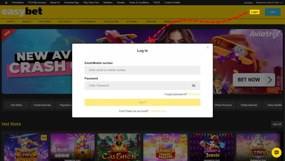 EaziBet (easybet) Account login Screenshot